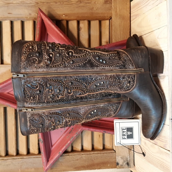 SALE!! FRYE Deborah Deco Dark Brown Tall Boots - Picture 6 of 14